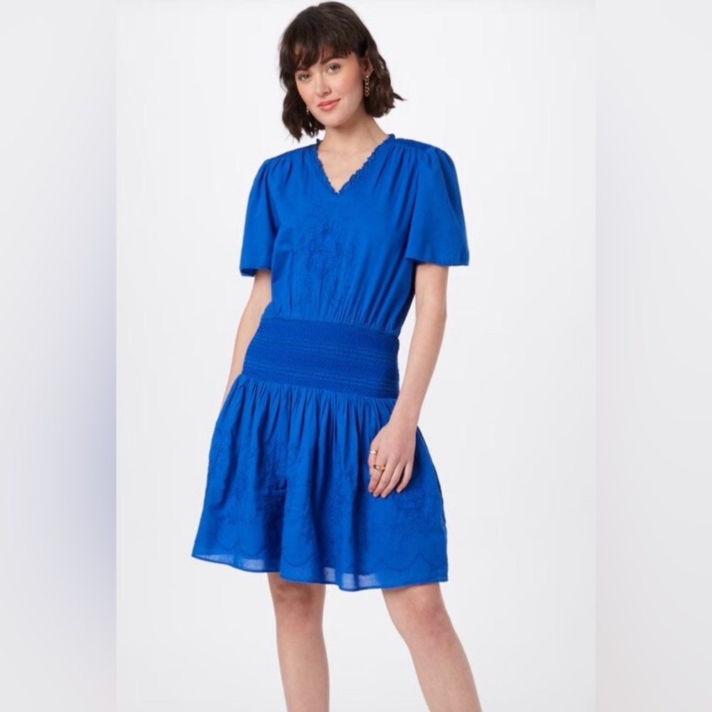 Lauren Ralph Lauren 'SIZANNA' Smocked Waist‎ Floral Embroidered Dress Royal Blue